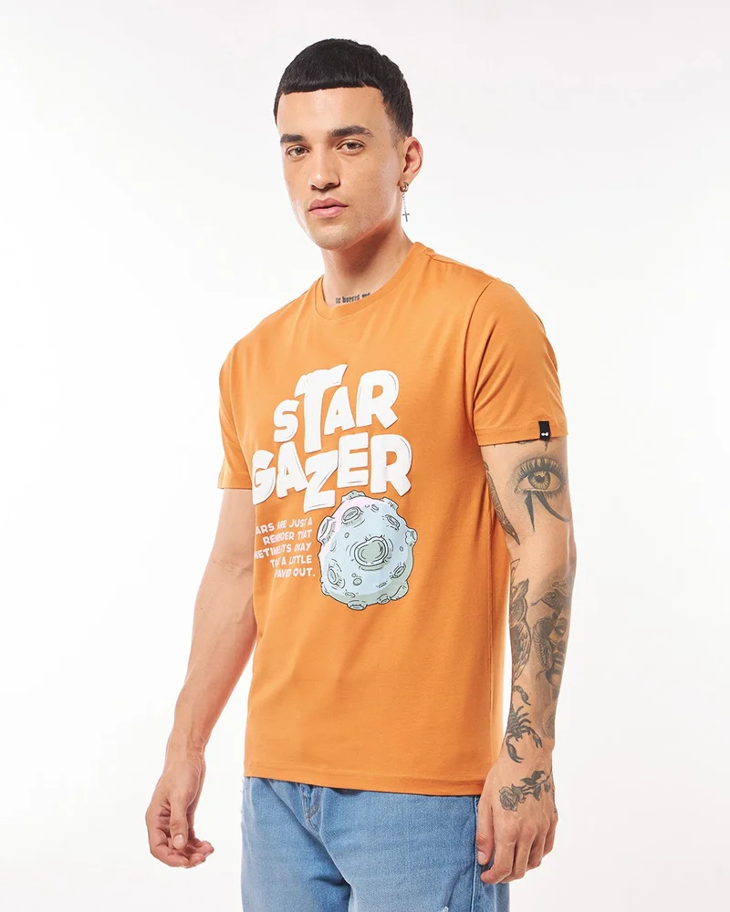 bewakoof Men's Orange Stargazer Graphic Printed T-shirt